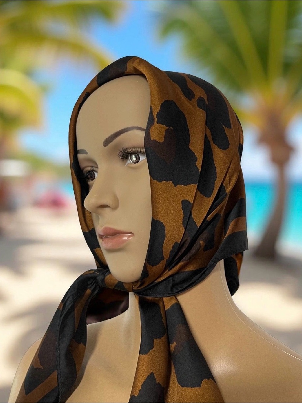 Women's Satin Animal Print Headscarf - Brown & Black